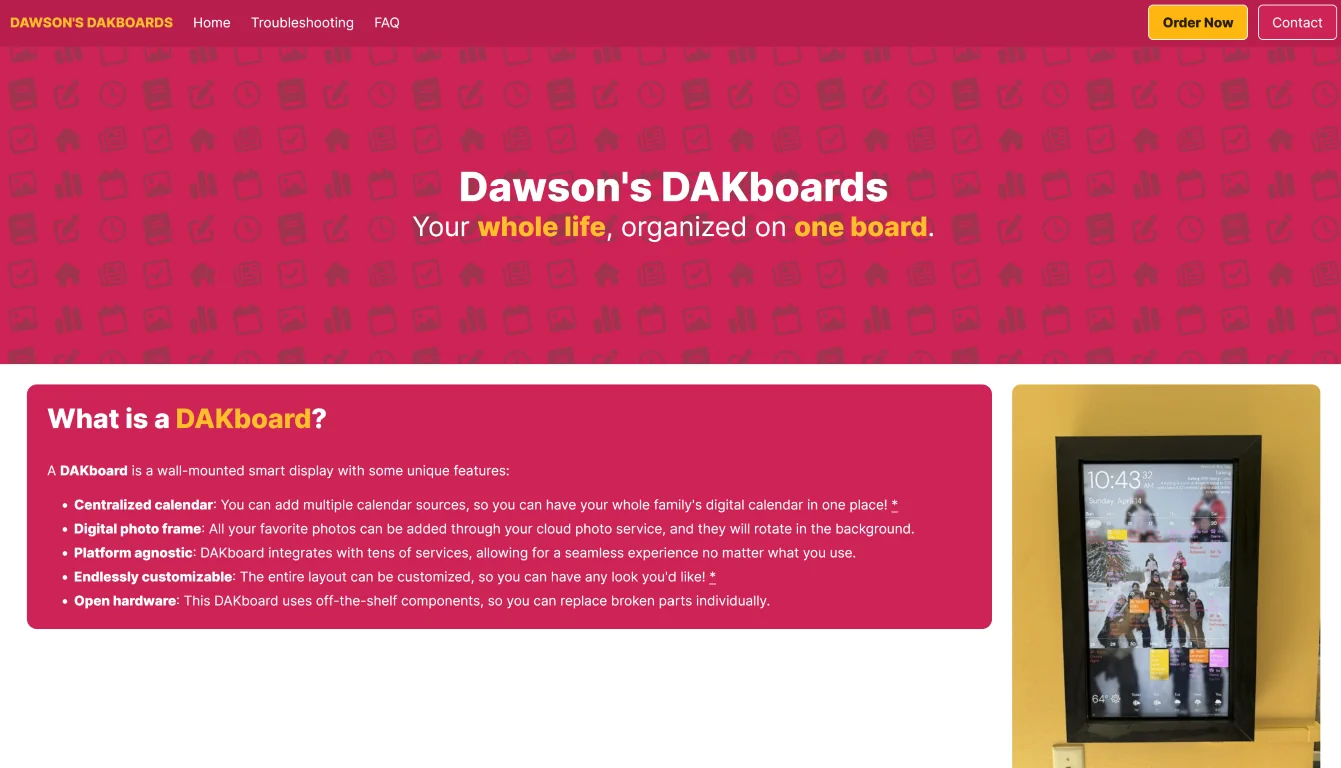 The home page of the Dawson's Dakboards website.